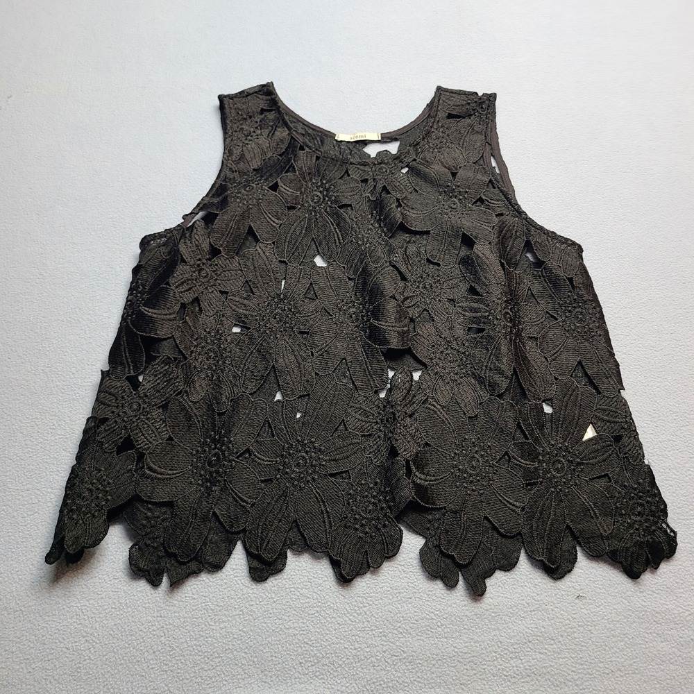 Acemi Floral Lace Tank Top Women Large Black Excellent Sleeveless Scalloped Hem